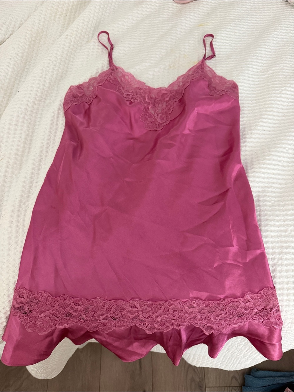 Lace-Trim Satin Chemise Slip in Bright Pink
